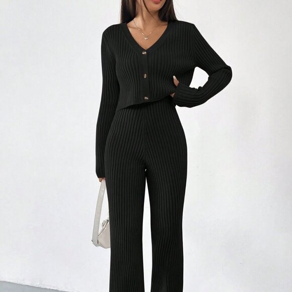 Black Casual Women's Summer Ribbed Knit Cardigan & Flare Leg Knit Pants set - Picture 2 of 6